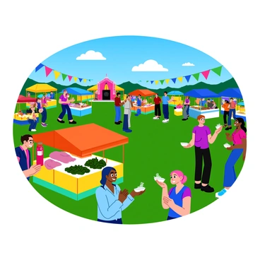 A vibrant food festival scene set in New Zealand with colorful market stalls. Each stall showcases a variety of local delicacies such as green mussels, lamb dishes, and fresh fruit. Happy crowds of diverse people are enjoying the festival, some sampling food and others chatting with friends. Balloons and decorations add to the festive atmosphere, with a clear blue sky overhead. A stage in the background features performers entertaining the audience.