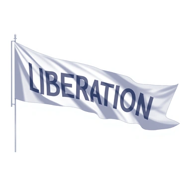 A long, flowing banner with the word "Liberation" prominently displayed in bold letters. The banner is lifted and sways gracefully in the wind, creating rippling folds and shadows. The fabric appears lightweight and billowy, catching the breeze as it moves across the scene. The background features a clear sky, allowing the banner to stand out, while the wind creates a dynamic feel, emphasizing the movement of the banner.