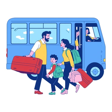 A group of four family members is standing in front of a blue bus. The parents, a father and mother, are carrying large, colorful suitcases. The father has a yellow suitcase, while the mother has a red suitcase. Their two children, a boy and a girl, are holding small backpacks. The boy's backpack is teal, and the girl's backpack is pink. They are smiling as they prepare to board the bus, which has an open door and a driver visible inside. The scene captures a sense of excitement and anticipation for their holiday trip.