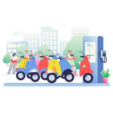 A fleet of colorful electric scooters is lined up at a small urban fuel stand designed for recharging. The scooters display various vibrant colors such as bright yellow, electric blue, and vivid red, each equipped with a charging cable plugged into the stand. The fuel stand is compact, featuring a sleek design with a digital screen showing the charging status of each scooter. Surrounding the stand, there are small potted plants adding a touch of greenery to the urban setting. In the background, low-rise buildings with modern architecture create an urban atmosphere, and pedestrians can be seen walking nearby.