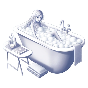 A girl with long flowing hair is sitting comfortably in a bubble bath. The bathtub is filled with numerous white bubbles that create a soft and fluffy appearance. She has a serene expression on her face, suggesting relaxation and peace. The background features subtle details like a towel neatly arranged on the edge of the tub and a small plant placed nearby. The water reflects light in a gentle manner, adding to the calm ambiance. There are small items like candles and a book resting on a side table within reach, emphasizing the cozy atmosphere.
