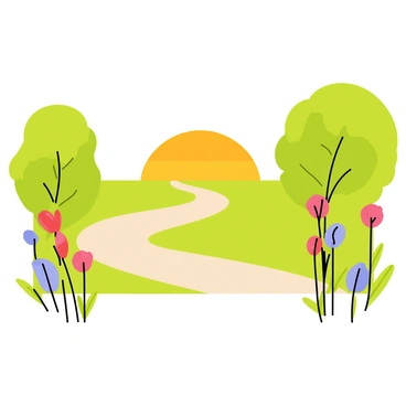 A winding path with a light brown surface meanders through the center of the image, leading towards a bright horizon that features a vibrant sun setting in hues of orange and yellow. On either side of the path, there are tall green trees with lush leaves, providing a sense of depth and framing the scene. Colorful flowers in shades of red, blue, and purple bloom along the edges of the path, adding vivid splashes of color. The atmosphere is lively and inviting.