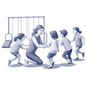 A woman is engaged in play with a group of children in a playground setting. She is kneeling down to the children's level, actively participating in a game. The children are smiling, their faces expressing joy and excitement. Various playground equipment is visible in the background, including swings and slides. The scene conveys a sense of energy and movement as the children run around, illustrating a lively atmosphere filled with laughter and fun.