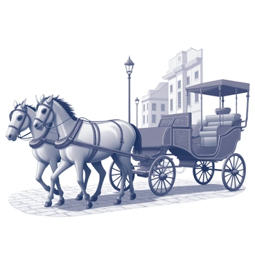An ornate horse-drawn carriage moves gracefully down a cobblestone street. The carriage features intricate carvings on its wooden body and has a polished finish that reflects light. Two strong horses, adorned with decorative harnesses, pull the carriage forward. The cobblestone street is lined with period-style street lamps, casting soft illumination. Several historical buildings with detailed facades stand along the sides, creating a charming and cohesive scene.