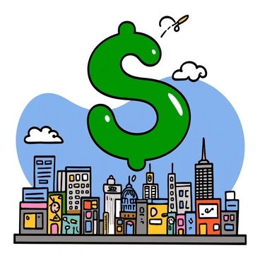 A large balloon shaped like a "dollar sign" is slowly deflating as it hovers over a bustling cityscape. The balloon is bright green and glossy, contrasting with the buildings below. The city is filled with various structures including tall skyscrapers, smaller shops, and residential buildings. The sky is blue with a few fluffy white clouds. The scene captures the gradual loss of air from the balloon, with small puffs escaping, while people on the streets look up, some pointing at the balloon with expressions of curiosity.