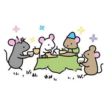 A group of three mice sitting around a small, round table covered with a green leaf tablecloth. Each mouse holds an acorn cup, filled with a light brown liquid. One mouse, with gray fur and a pink bow on its head, is pouring tea from a tiny teapot made of an acorn. Another mouse, with white fur and a small blue hat, is nibbling on a piece of cheese placed on a leaf plate. The third mouse, with brown fur and a green scarf, is reaching for a biscuit on the table. Surrounding them are colorful wildflowers and grass, creating a gentle, natural setting.