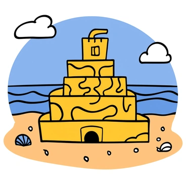 A sandcastle shaped like a brain on a sunny beach