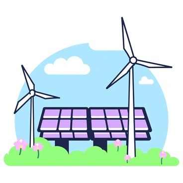A field of wind turbines is positioned in the foreground, their blades rotating in the breeze. Behind them, several solar panels are aligned in rows, reflecting sunlight. The background features a bright blue sky with minimal clouds, allowing sunlight to illuminate both the wind turbines and solar panels. A grassy area surrounds the installation, with occasional wildflowers adding texture to the scene.