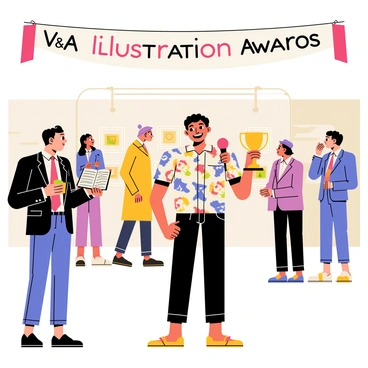 A journalist with a notepad and microphone is standing next to a winning artist holding a trophy at the V&A Illustration Awards. The artist has a big smile and is wearing a colorful shirt covered in artistic patterns. The background features a banner that reads "V&A Illustration Awards" in bold letters. There are people in elegant outfits engaged in conversation, and a display of illustrated artworks can be seen on the walls around them. The atmosphere is lively and festive, capturing the excitement of the event.