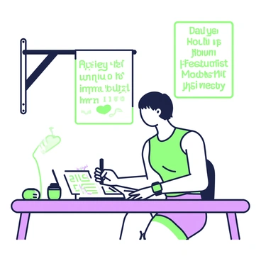 A person is seated at a wooden desk, writing in an open journal. On the pages of the journal, there are entries detailing their fitness journey, specifically highlighting pull-up achievements. The person has short hair and is wearing a tank top and athletic shorts. To the left of the desk, there is a pull-up bar mounted on the wall, showcasing its sturdy construction. A small water bottle sits next to the journal, and a fitness tracker is worn on their wrist. A poster on the wall displays motivational quotes related to fitness. The scene captures a moment of reflection and determination in their fitness routine.