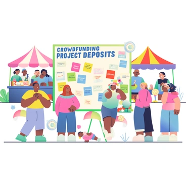 A lively community fair is taking place in a spacious outdoor area. Brightly colored tents are set up around the scene, each displaying various local crafts and delicious food items. In the center, there is a large board with a header that reads "Crowdfunding Project Deposits" in bold letters. The board is filled with colorful sticky notes and markers indicating different amounts contributed by community members. Around the board, a diverse group of people is gathered, discussing the project enthusiastically. Some children are playing nearby, while others are enjoying treats from nearby food stalls, such as cotton candy and popcorn. The atmosphere is filled with laughter and excitement as the community comes together to support the project.