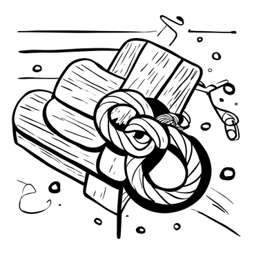 A close-up illustration of a "cleat hitch knot" tied neatly on a "dock cleat". The cleat is securely fastened to a wooden dock surface, with detailed textures of the wood visible. The knot is intricately woven, showcasing the overlapping loops and ends of the rope. The surrounding area features weathered wood planks, accented with small bits of rope and nautical equipment nearby. The light source creates subtle shadows that emphasize the knot's structure and the dock cleat's form.