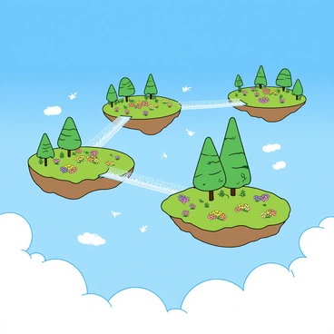 Several vibrant islands float in a bright blue sky, suspended above fluffy white clouds. Each island is lush with green grass and colorful flowers, showcasing a variety of hues like pink, yellow, and purple. The islands are connected by delicate, shimmering bridges that sparkle in the sunlight, creating an enchanting atmosphere. Birds of various colors flutter between the islands, and a gentle breeze causes the leaves on the trees to sway slightly. The overall scene conveys a sense of whimsy and wonder.