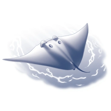 A majestic manta ray gliding effortlessly through the water. Its large wings are outstretched, creating a wide span as it navigates the ocean depths. The body of the manta ray is smooth and streamlined, with a distinct, flat shape that allows it to move gracefully. The water surrounds the manta ray, with gentle currents flowing around it, illustrating the fluidity of its movement. Sunlight filters down from above, illuminating the figure of the manta ray and creating patterns in the water around it.