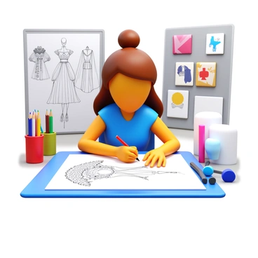 A fashion illustration expert sketching "elegant fashion designs" on a large drawing pad. The expert is focused, with intense concentration displayed on their face. The workspace is organized, featuring "pencils," "charcoal," and various "colored markers" scattered around. The designs being sketched are intricate and stylish, showcasing "flowing fabrics," "unique patterns," and "refined silhouettes." In the background, "mood boards" with inspirational images and fabric swatches are visible, adding depth to the creative environment.