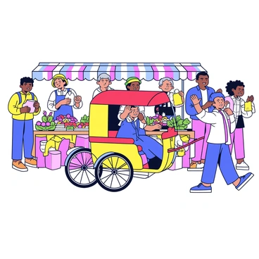 A rickshaw with bright red and yellow colors is moving through a crowded market. The rickshaw has three wheels and a canopy, providing shade to the passengers inside. Surrounding the rickshaw are various market stalls filled with colorful fruits, vegetables, and textiles. Shoppers are animatedly interacting, creating a lively atmosphere. A few people are carrying shopping bags, while a vendor is arranging items on a wooden table. The scene captures the energy and vibrancy of a busy market day.