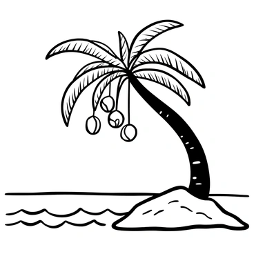 A coconut tree leaning over the ocean, with textured bark and intricately shaped leaves. Several coconuts are hanging from the trunk, varying in size and shape. The ocean below features detailed waves, with some crashing against the shore. The horizon is clearly visible, enhancing the scene's depth.