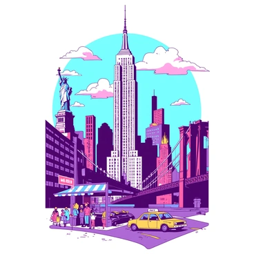 A vibrant postcard illustration showcases the "Empire State Building" standing tall against a backdrop filled with other iconic "NYC landmarks". The building is depicted in detail, with its unique Art Deco architecture highlighted. Surrounding the Empire State Building are famous structures like "Statue of Liberty" and "Brooklyn Bridge", each represented with distinct features. The sky above is filled with "colorful clouds", adding a dynamic element to the scene. The ground is bustling with small figures of people, taxis, and street vendors, bringing life to the urban environment. Prominent elements are framed by vivid colors and bold outlines, creating an eye-catching composition.