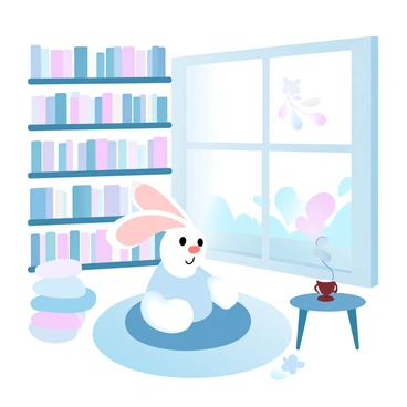 A white rabbit with long ears is sitting on a small, plush cushion in a cozy library. The rabbit is wearing a simple dress. Shelves filled with colorful books surround the rabbit, arranged neatly from floor to ceiling. A warm light casts a gentle glow over the scene, illuminating the spines of the books. A soft rug lies beneath the rabbit, and a steaming cup is placed on a small wooden table beside it. A large window reveals a view of a peaceful garden outside, with pastel-colored flowers visible in the background.