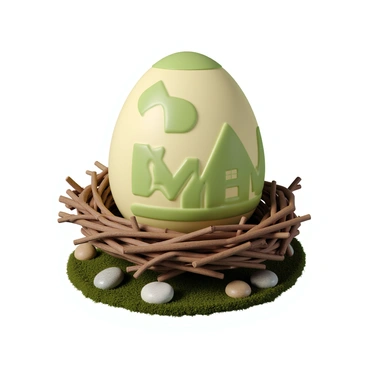 A large, smooth egg resting in a nest made of twigs and dried grass. The shell of the egg is intricately carved, featuring a pattern of bright green dollar signs and a detailed depiction of a miniature house. The nest is nestled on a soft bed of moss, and there are small pebbles scattered around it. The scene conveys a sense of security and abundance.