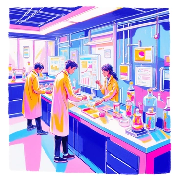 A high-tech laboratory is filled with advanced equipment and sleek surfaces. Several scientists in lab coats are working attentively at various stations. One scientist is analyzing data on a large holographic screen, while another is adjusting the settings on a futuristic fusion device. The room is illuminated by bright, cool LED lights, and there are various digital displays showing complex graphs and readouts. Glass containers hold colorful liquid samples, and cables connect different devices across the lab. The atmosphere is bustling with focused energy as the scientists collaborate on their groundbreaking experiments.