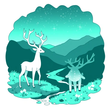 A teal fantasy landscape features rolling hills under a starry sky inspired by the "Gemini" constellation. In the foreground, two mystical creatures resembling elegant deer with shimmering silver fur stand gracefully beside a sparkling stream. Each creature has intricate, ethereal antlers that glow softly, reflecting the twinkling stars above. Surrounding them are luminescent flowers in shades of white, casting a gentle light on the grassy terrain. In the distance, mountains rise, their peaks dusted with a light mist, adding to the enchanting atmosphere of the scene.
