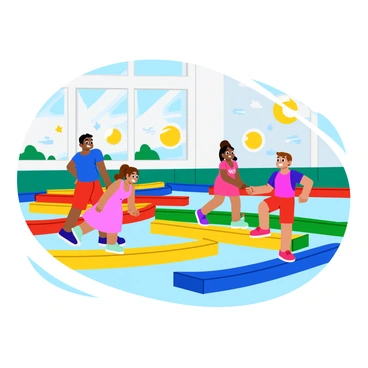 A group of young children practicing balance on colorful wooden beams in a bright gymnasium. The beams are arranged in various heights and angles, painted in vibrant colors like blue, red, yellow, and green. Each child is focused, with one boy wearing a blue shirt and red shorts carefully walking along a yellow beam. A girl in a pink dress giggles as she steadies herself on a blue beam. Cheerful wall murals depicting playful animals and stars create an inviting atmosphere in the background. Bright sunlight streams in through the large windows, illuminating the scene.