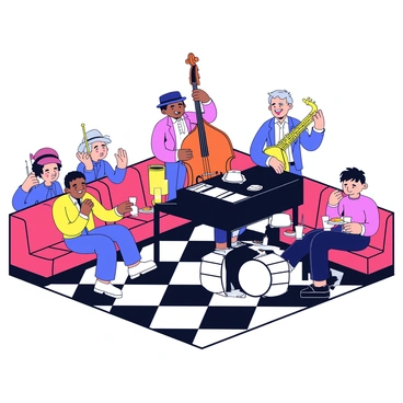 A jazz quartet consisting of a saxophonist, a double bassist, a pianist, and a drummer is positioned in the corner of a retro diner. The saxophonist is wearing a fedora, while the double bassist stands tall, bow in hand. The pianist sits at a shiny black piano with a polished finish, and the drummer has a set of neatly arranged drums. The diner features red vinyl booths and a checkered black-and-white floor. Several patrons are seated in the booths, some tapping their feet to the music, while others are sipping milkshakes and enjoying burgers. Soft, warm light illuminates the scene, enhancing the nostalgic atmosphere.