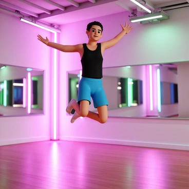 A person, wearing a black tank top and bright blue workout shorts, is performing jumping jacks in a dance studio. The studio is illuminated by vibrant neon lights in shades of pink and green. The individual is mid-air, with arms and legs extended, showcasing energy and movement. Mirrors line the walls, reflecting the colorful lights and the person’s dynamic pose. The floor is polished wood, adding to the atmosphere of fitness and dance.