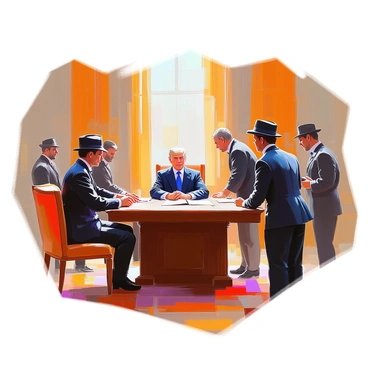 A group of actors in detailed period costumes are reenacting a significant moment in history related to the "25th Amendment." The scene is set in an ornate room, reminiscent of a historic governmental building. The actors are positioned around a large wooden table, discussing the implications of the amendment. One actor, portraying a president, is seated at the head of the table with a serious expression. Other actors, representing advisors and lawmakers, are standing and leaning in, engaged in the conversation. They wear clothing typical of the era, including suits and hats, with accessories that reflect the time period. The lighting in the room is warm, highlighting the intricate details of their costumes and the furnishings around them.