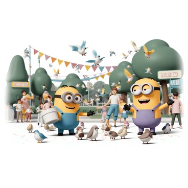 Two Minions, one wearing blue overalls and goggles, and the other wearing purple overalls and a single goggle, are at a bustling zoo. The first Minion is holding a large bucket of animal feed, cheerfully tossing food to a group of eager animals. The second Minion is surrounded by a flock of colorful birds, which are landing on its arms and head, pecking at the seeds scattered around. In the background, various zoo-goers are observing the scene, and there are signs for different animal exhibits, such as lions, elephants, and giraffes. Trees and colorful banners decorate the vibrant atmosphere of the zoo.