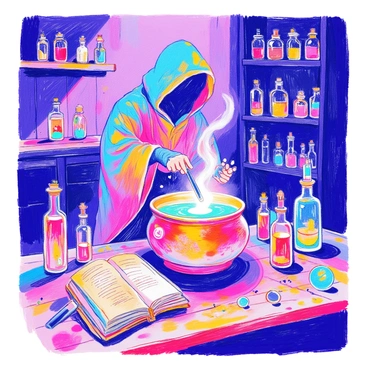 A mysterious figure with a hooded cloak is standing over a bubbling cauldron. The figure's face is partially obscured by the shadow of the hood, creating an air of intrigue. The cauldron is steaming, with colorful potions swirling inside, reflecting shades of green and purple. Surrounding the cauldron, there are various glass vials filled with different colored liquids, some glowing softly. A wooden table is cluttered with herbs, and an old, tattered spellbook lies open beside the cauldron. The dimly lit room is filled with shelves lined with jars containing strange ingredients and artifacts.
