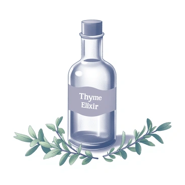 A small glass bottle sits upright on a wooden surface. The bottle is labeled with the words "Thyme Elixir" in a clear, elegant font. Surrounding the bottle are several fresh thyme sprigs, their green leaves vibrant and delicately spread out around the base. The arrangement of the sprigs creates a natural frame for the bottle, enhancing the focus on the label and the contents within. The scene is minimalistic, drawing attention to the glass texture and the herbal elements.