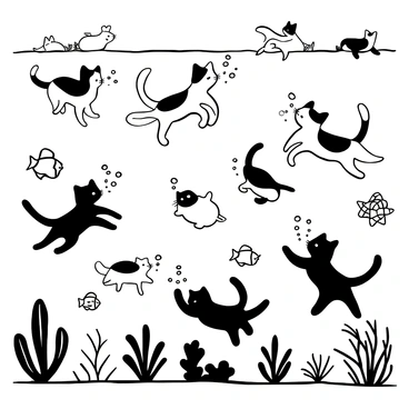 A group of cats with various fur patterns swimming gracefully in an underwater scene. Each cat is surrounded by an array of sea creatures, including fish, starfish, and sea turtles. Some cats are playfully interacting with a school of small fish, while others are curiously observing a large, friendly octopus. Bubbles rise from the cats as they move through the water, creating a lively atmosphere. The underwater plants sway gently, adding to the dynamic composition of the scene.