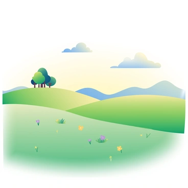 Gentle rolling hills covered in lush green grass stretch across the landscape. The grass is vibrant and dotted with small wildflowers in shades of yellow and purple. Above the hills, the sky is filled with soft, warm colors, indicating a pleasant afternoon. A few fluffy white clouds drift lazily in the blue expanse, complementing the serene scene. In the distance, a cluster of trees stands atop one of the hills, their leaves a rich green, swaying gently in a light breeze.