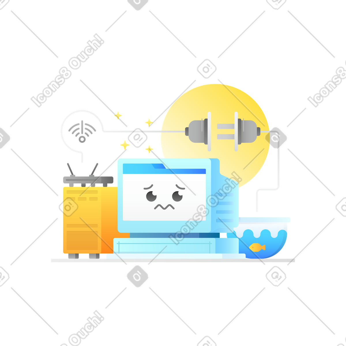 Computer with unplugged cable, No connection or no network access illustration in Hugo style download in PNG, SVG
