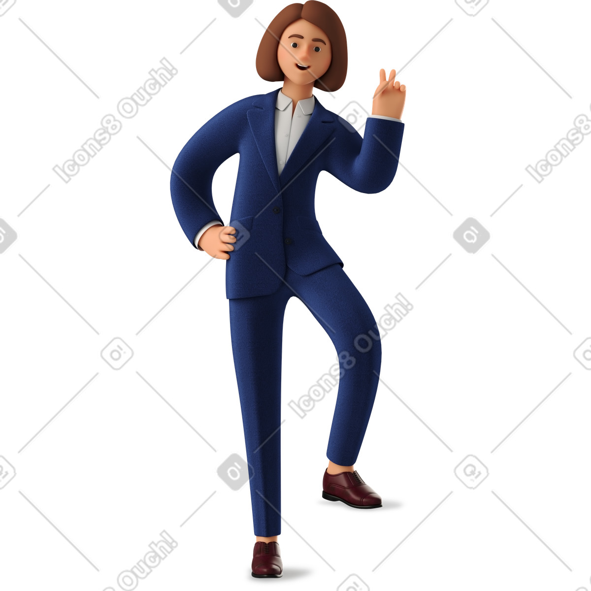 Businesswoman in blue suit leaning with one leg and showing peace sign illustration 3D Business style download PNG, SVG