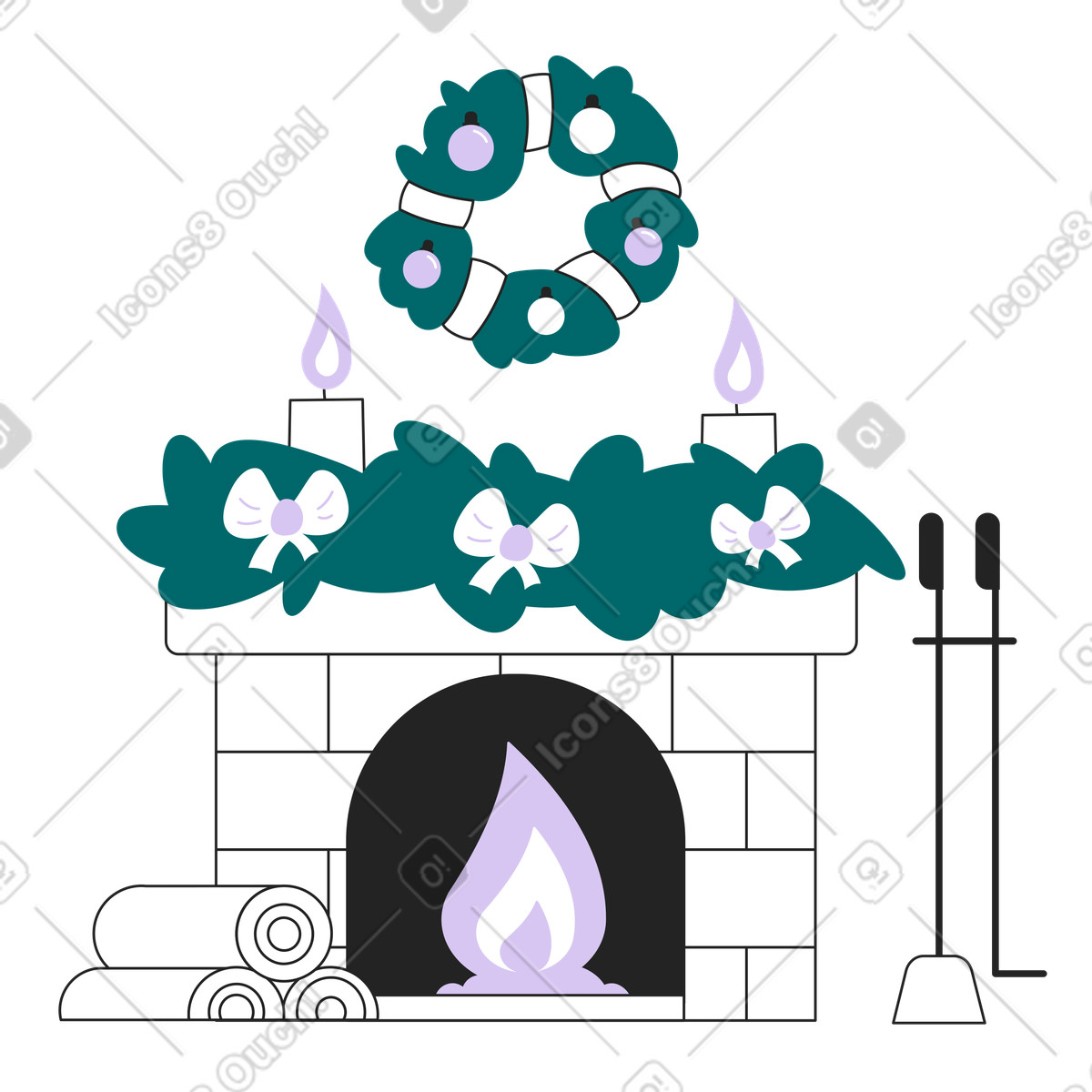 下载 Sammy Line 风格的 Fireplace with wreath and candles, Cozy Christmas decoration 插画，支持 PNG、SVG 格式