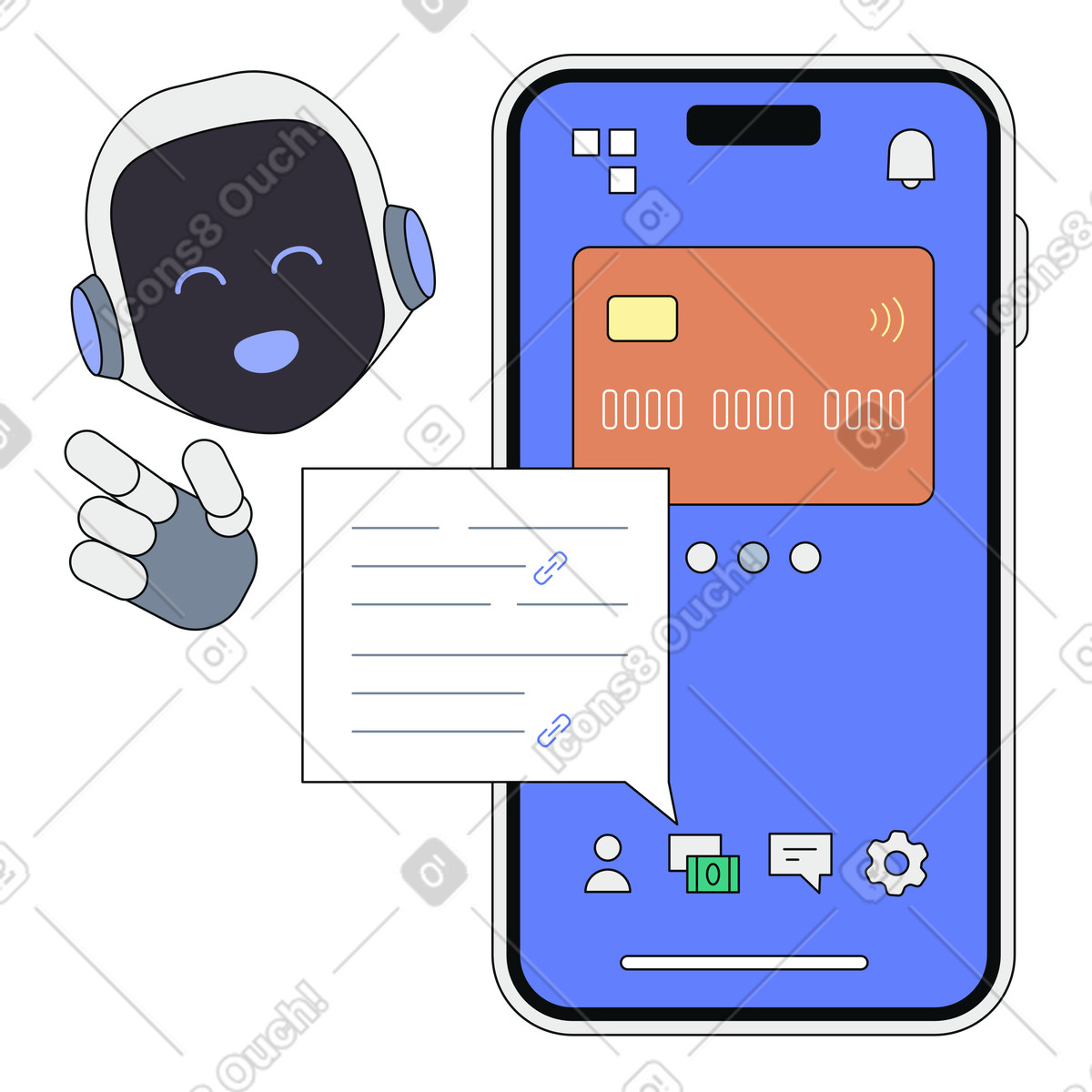 Illustration Assistant vocal ia interagissant avec une application bancaire mobile dans le style Teko à télécharger aux formats PNG, SVG