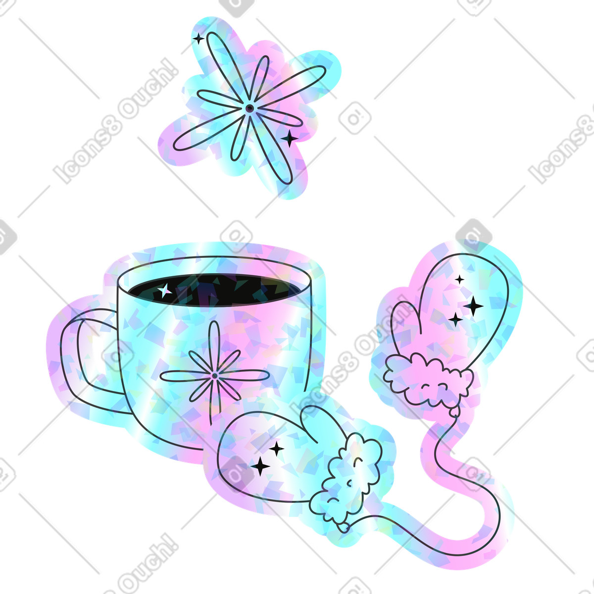 Ilustración Taza con copo de nieve y guantes en estilo Holostickers a descargar en PNG SVG