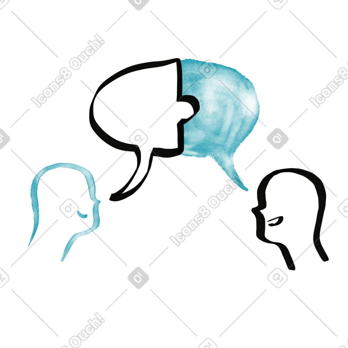 Watercolor sketch スタイルの Communication speech bubbles connecting three minimalist heads in conversation のイラストをPNG、SVG形式でダウンロード