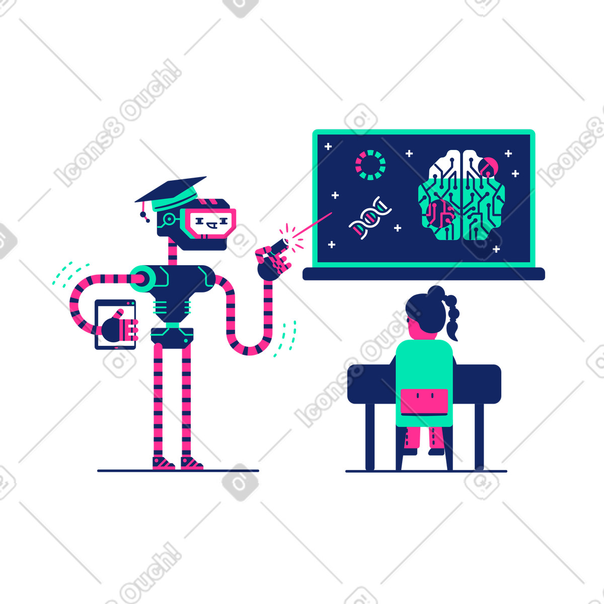 Robot teaches biology to girl in class illustration in PNG, SVG