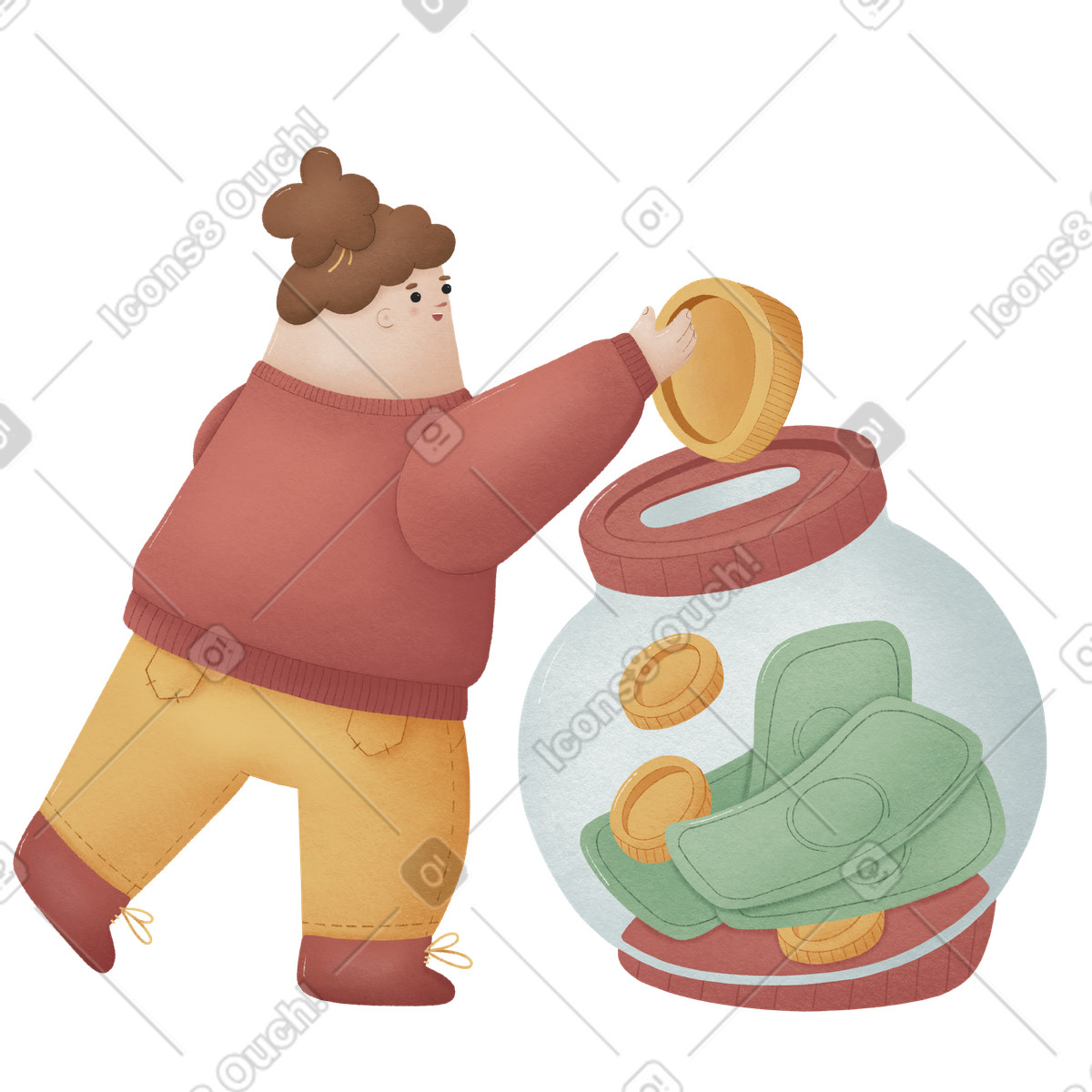 Ilustração de Mulher colocando dinheiro em jarra para economizar no estilo Woolly baixar PNG, SVG