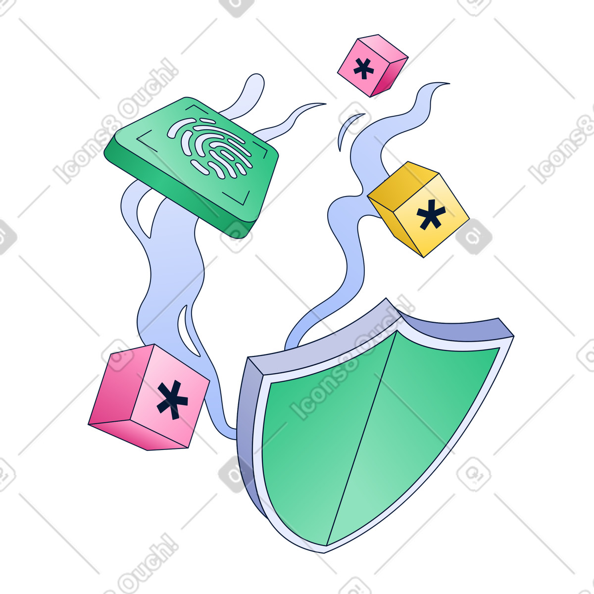 Biometric fingerprint and password cubes with shield, Access control secure login illustrazione in stile Neat scarica in PNG, SVG