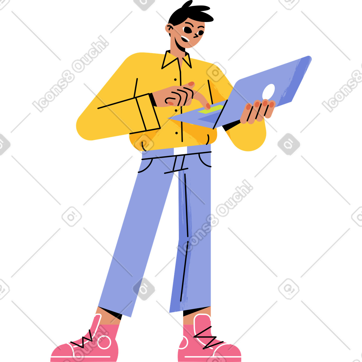 Ilustración Young man with open laptop en estilo Juicy a descargar en PNG y SVG