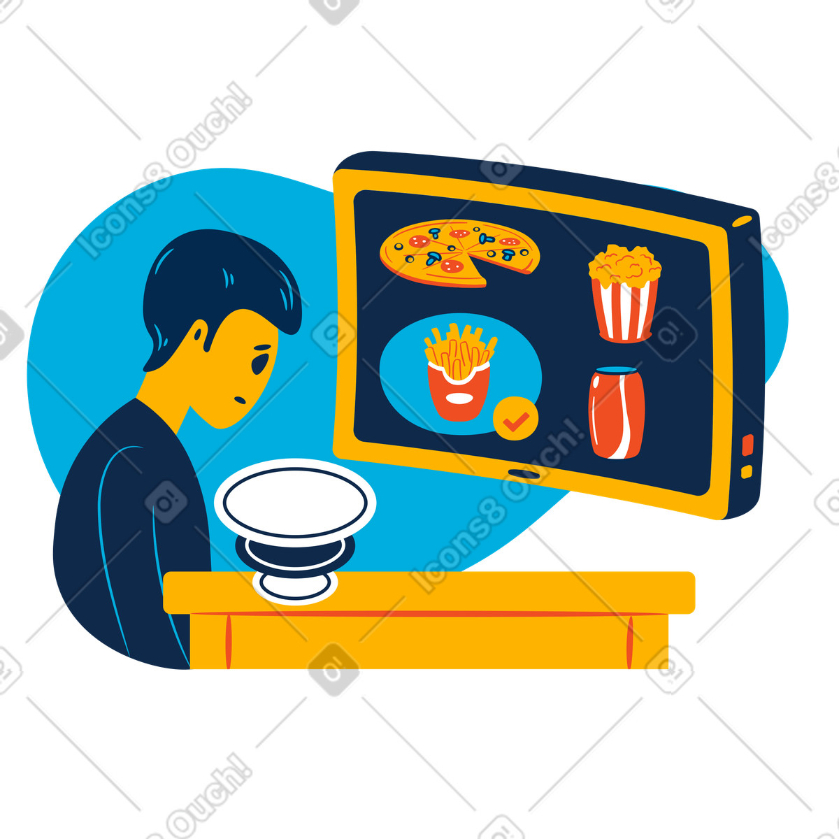 Illustration Digital menu with pizza, popcorn, fries, and soda, Remote food ordering dans le style Flame à télécharger aux formats PNG, SVG