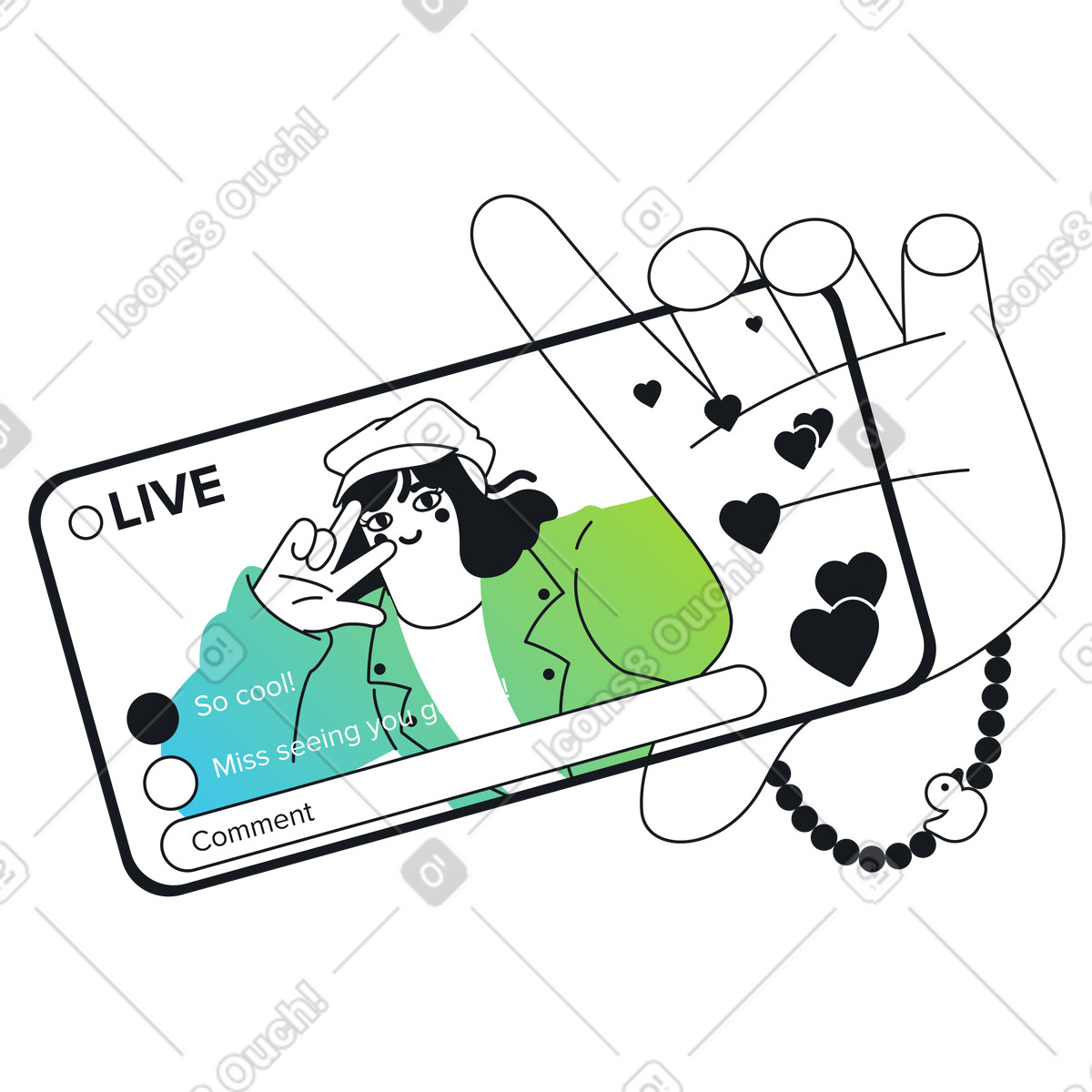 Influencer live streaming and receiving likes illustration in Breeze style download in PNG, SVG