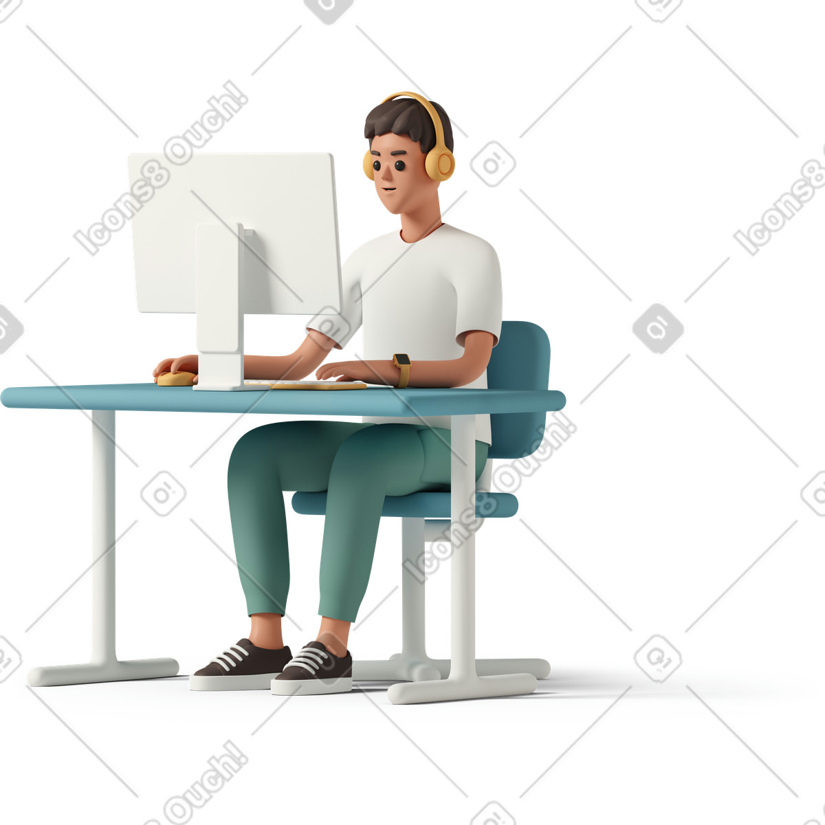 Young man in orange headphones sitting at the computer-Illustration im 3D Casual life-Stil als Download PNG, SVG