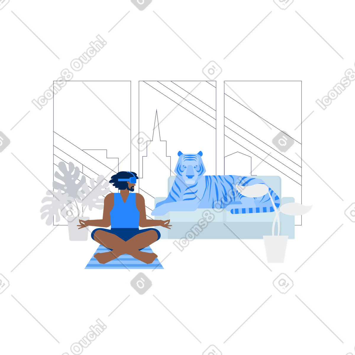 Ilustración Meditation with VR headset, Virtual mindfulness and relaxation en estilo Urban a descargar en PNG y SVG