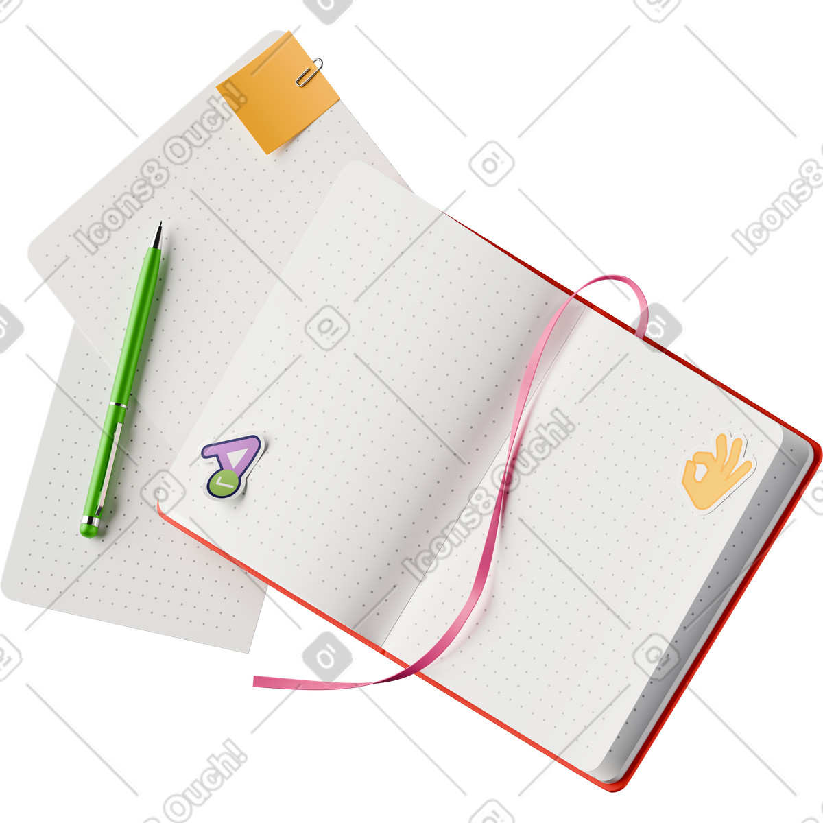 Vista isometrica del quaderno con adesivi, penna e appunti illustrazione in stile 3D Hygge scarica in PNG, SVG